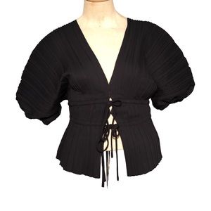 ALC DESIGNER STELLA PLEATED BLACK BLOUSE WITH DOUBLE TIE PEPLUM PUFFY SLEEVES